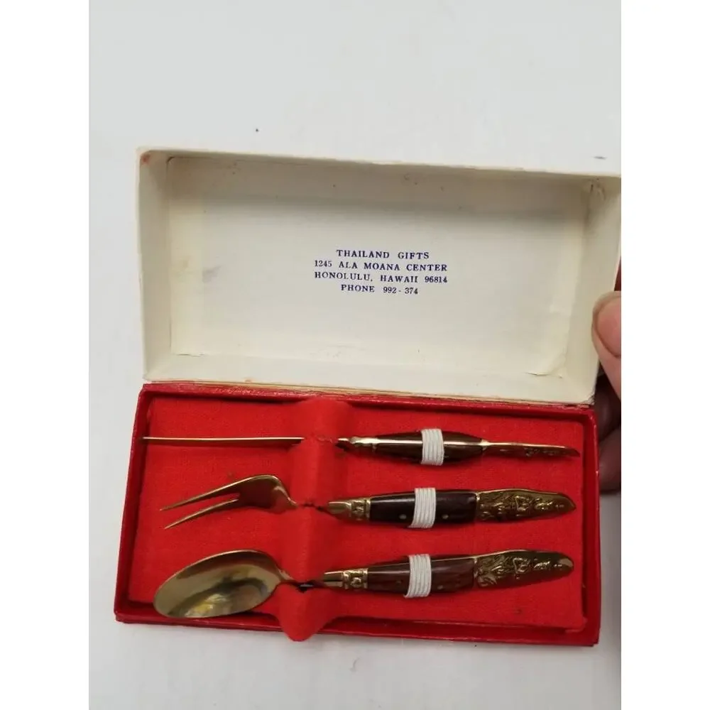 Vintage Thai Brass Rosewood Hors d'Oeuvre Set Mid Century Buddha Souvenir